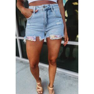 Kayden High Rise Sequin Pocket Light Denim Shorts RDS6124
